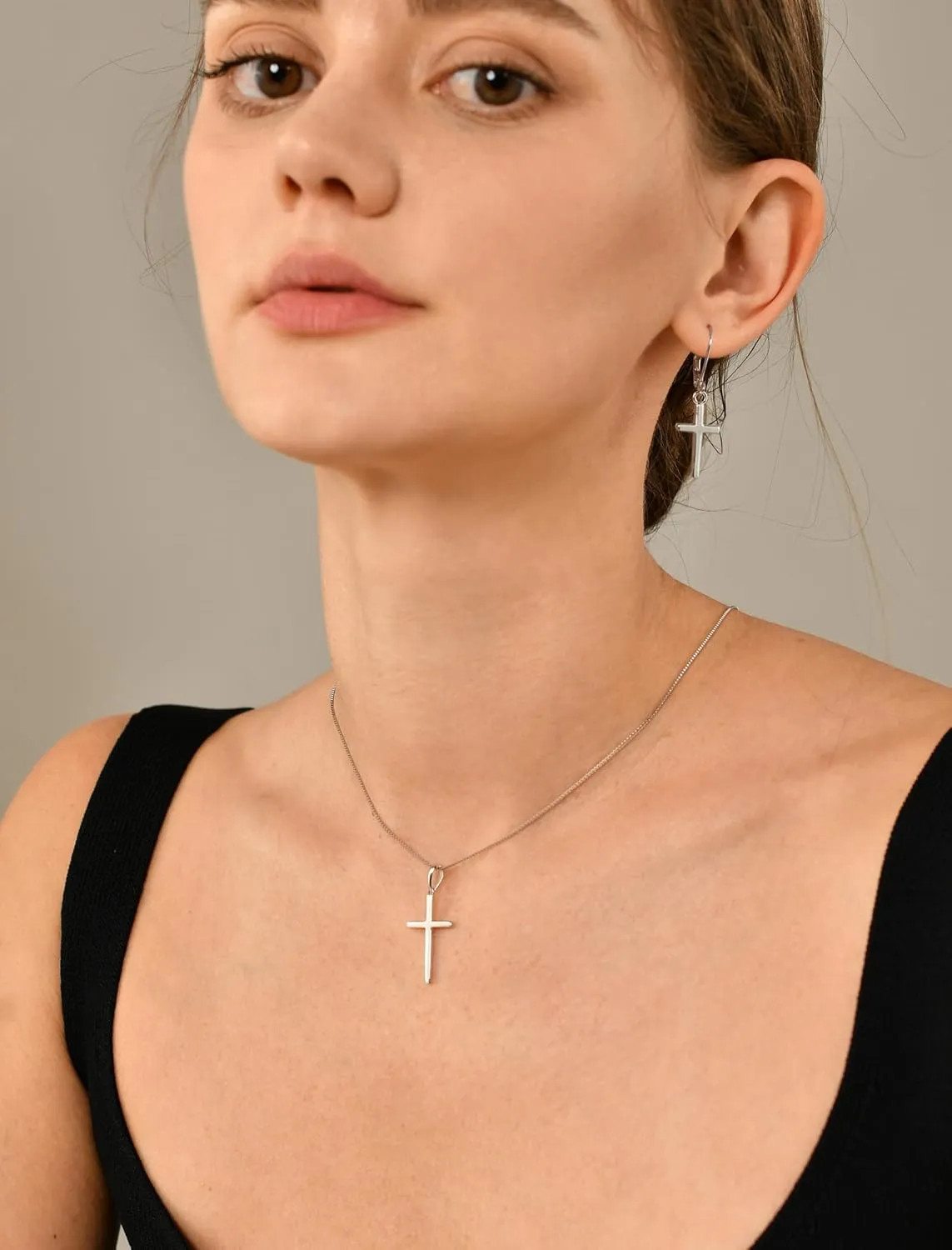 YL Cross Crucifix Christian Criss Necklace for Women, Soild Sterling Silver Polished 18k White Gold Plated Birthstone Plain Religious Pendant Box Chain Jewelry