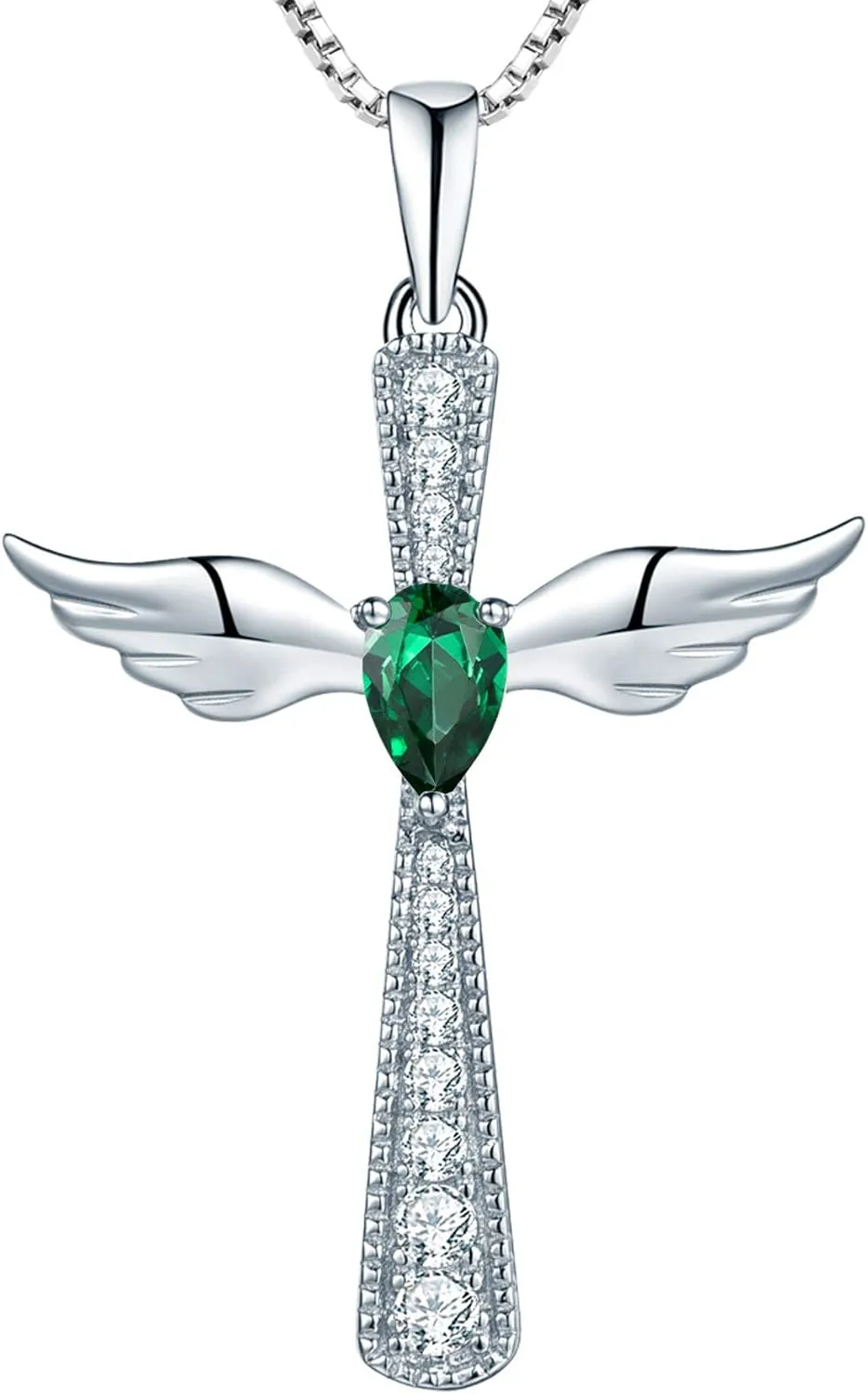 YL Cross Necklace 925 Sterling Silver Angel Wings Pendant Teardrop Birthstone Criss Jewelry for Women