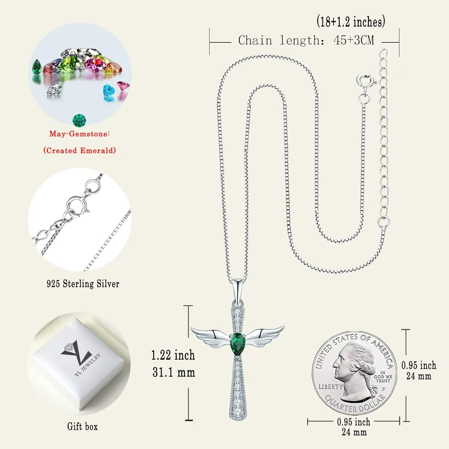 YL Cross Necklace 925 Sterling Silver Angel Wings Pendant Teardrop Birthstone Criss Jewelry for Women