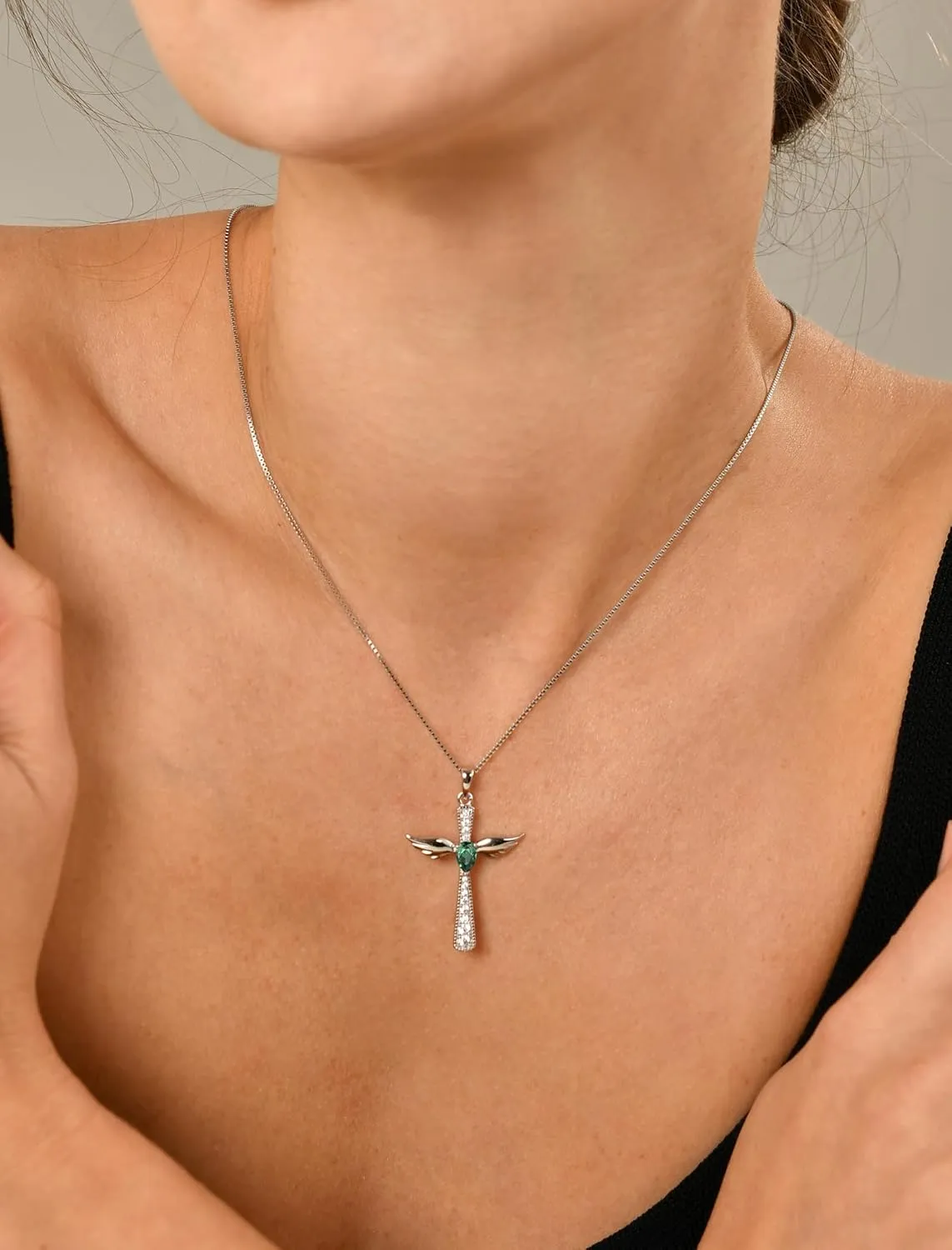 YL Cross Necklace 925 Sterling Silver Angel Wings Pendant Teardrop Birthstone Criss Jewelry for Women