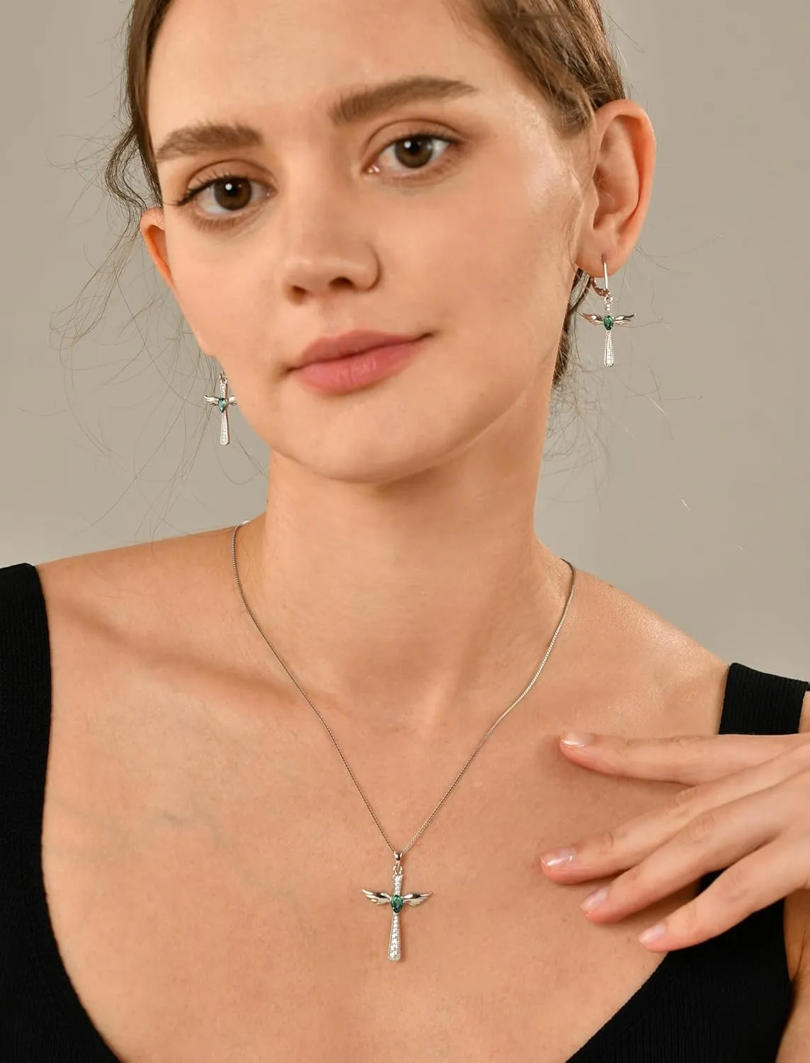 YL Cross Necklace 925 Sterling Silver Angel Wings Pendant Teardrop Birthstone Criss Jewelry for Women