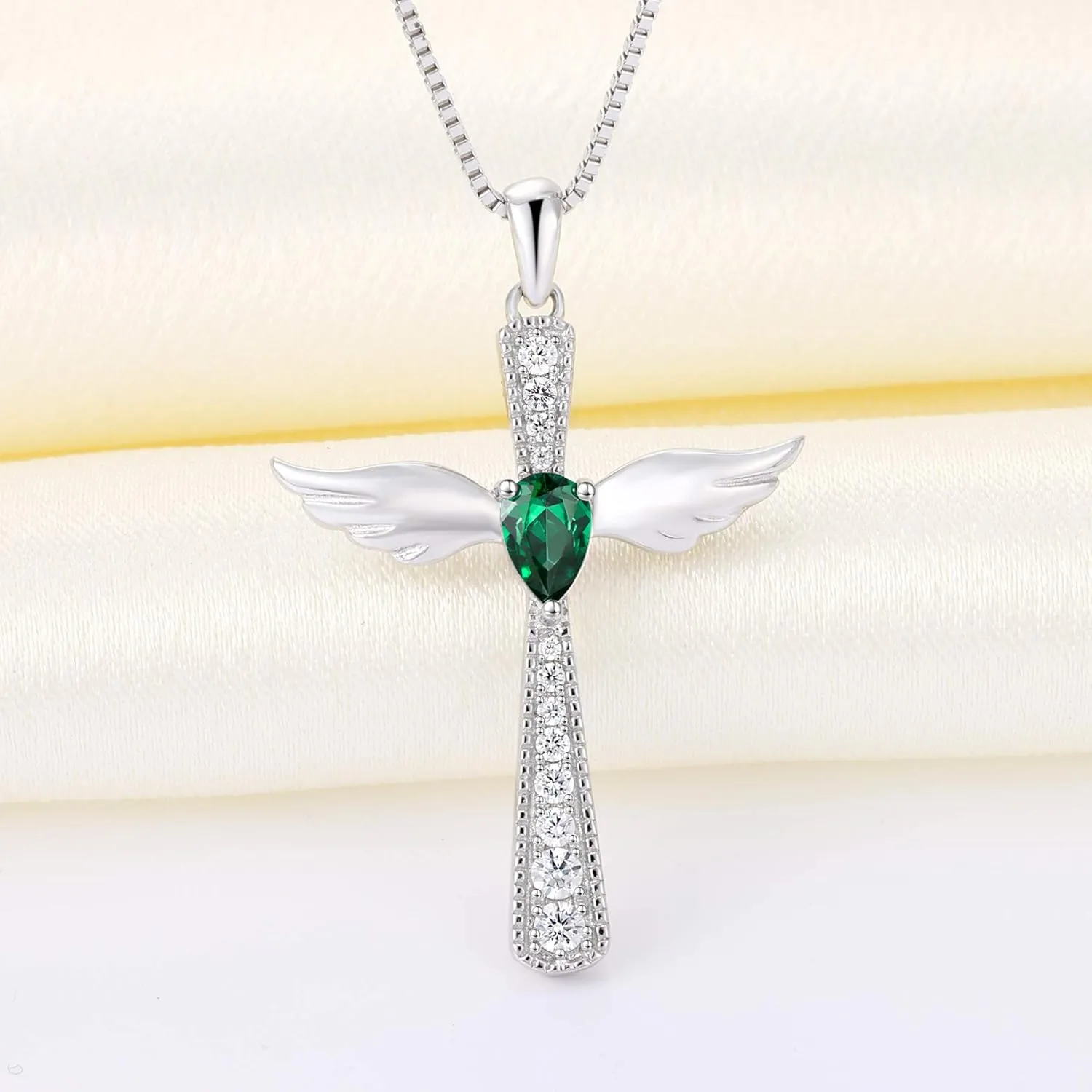 YL Cross Necklace 925 Sterling Silver Angel Wings Pendant Teardrop Birthstone Criss Jewelry for Women