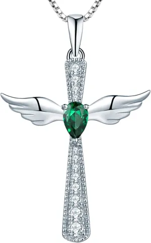 YL Cross Necklace 925 Sterling Silver Angel Wings Pendant Teardrop Birthstone Criss Jewelry for Women