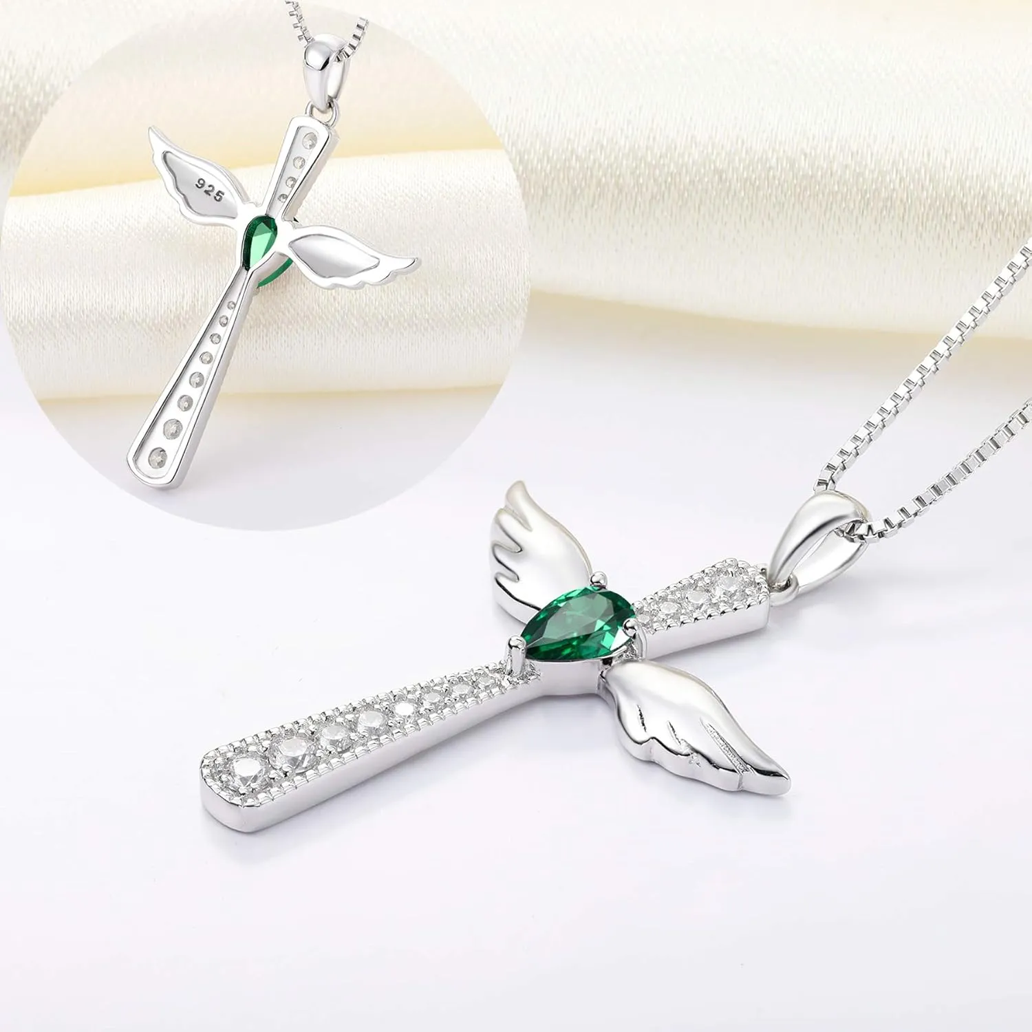 YL Cross Necklace 925 Sterling Silver Angel Wings Pendant Teardrop Birthstone Criss Jewelry for Women