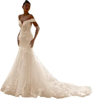 Zeeyecie Off Shoulder Tulle Wedding Dresses Mermaid Lace Applique V-Neck Sparkly Bridal Gowns with Train for Brides