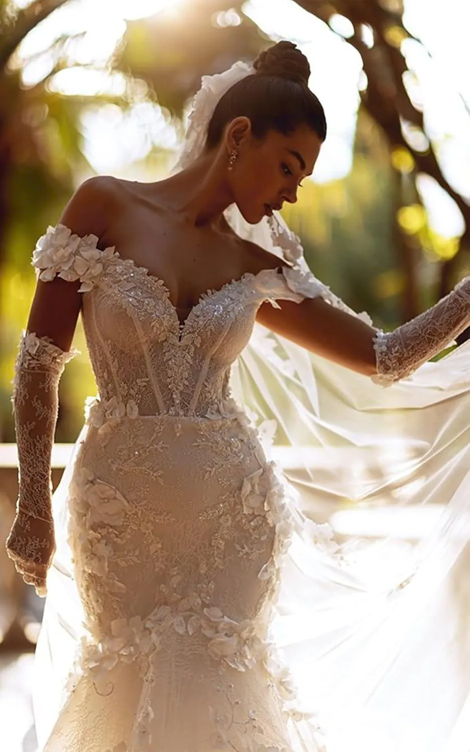 Zeeyecie Off Shoulder Tulle Wedding Dresses Mermaid Lace Applique V-Neck Sparkly Bridal Gowns with Train for Brides
