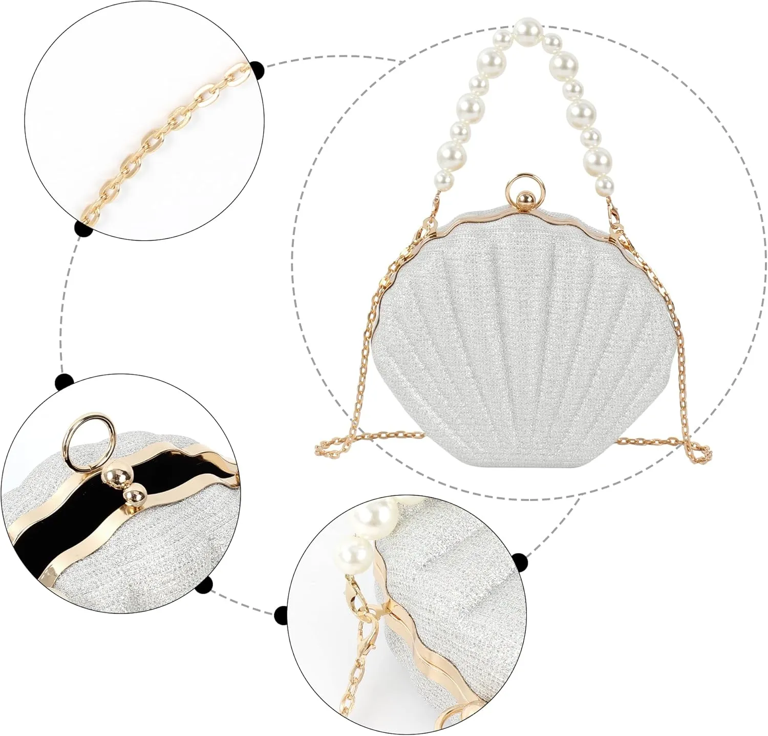 ZLM BAG US Glitter Seashell Evening Clutch Purse Mini Chain Crossbody Bag Pu Leather Shell Pearl Shoulder Bag